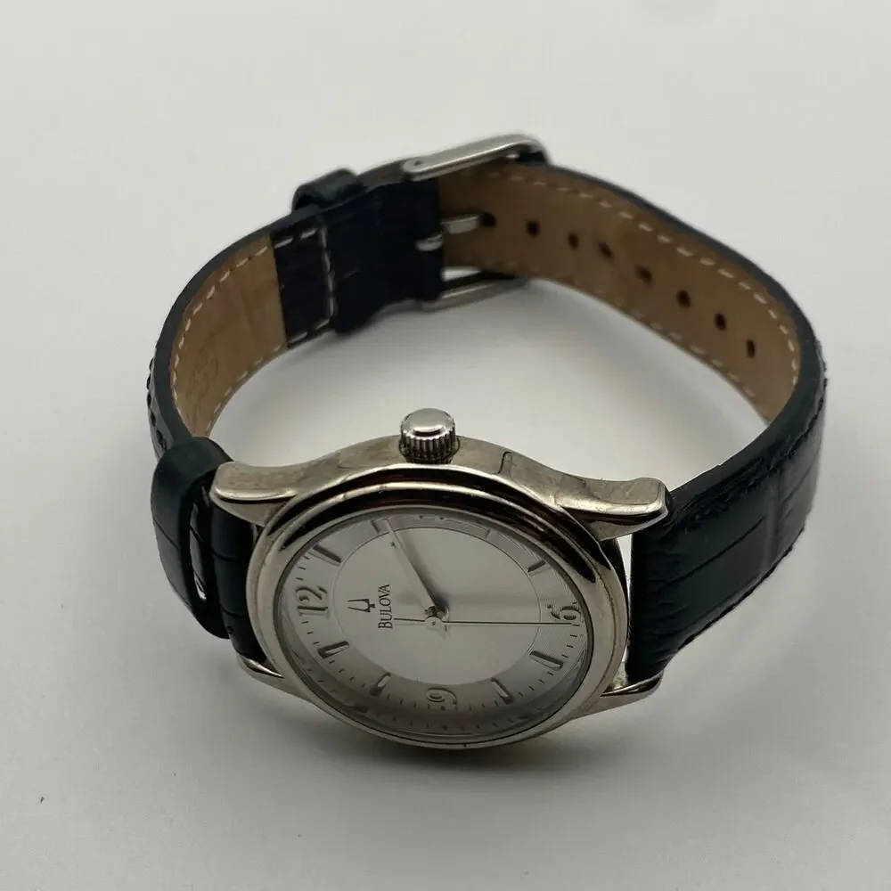 Elegant Bulova Silver Tone Watch with Black Leather Band Working New Battery - Picture 7 of 9